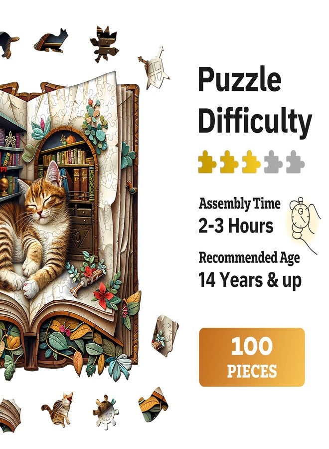 Jigfoxy Wooden Puzzles for Adults, The Cat in The Book Wood Puzzle for Adults, Unique Animal-Shaped Wooden Jigsaw Puzzle, Christmas Thanksgiving Gifts for Family and Friends (S-7.7 * 7.6in-100pcs) - Image 2